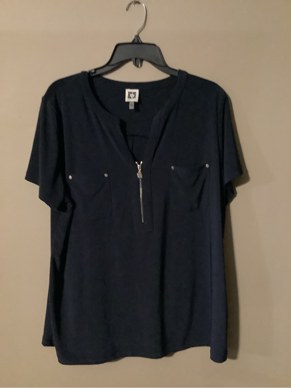 Anne Klein Navy Short Sleeve Zip Pocket Tee